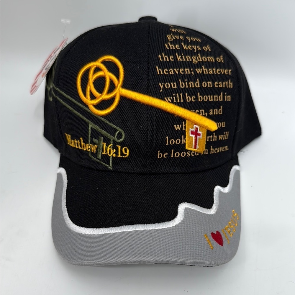 Black and Gray Baseball Cap with Yellow Embroidery One Size I❤️Jesus Hat Unisex